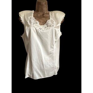 Vintage White Sleeveless Blouse/Camise with Delicate Lace Trim & Floral Neckline